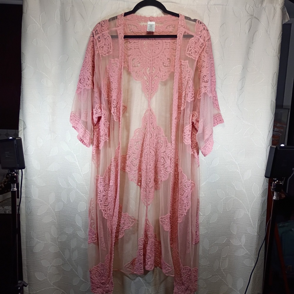 Pink Sheer Lace Duster Cardigan Open Front Kimono Mesh Embroidered L-XL